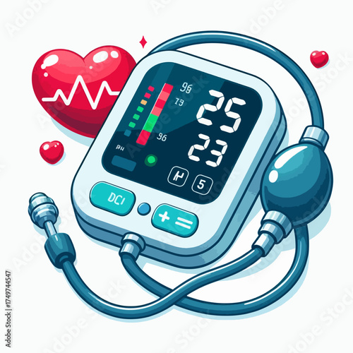 A digital blood pressure monitor with a heart symbol and pulse line, representing health and medical technology.