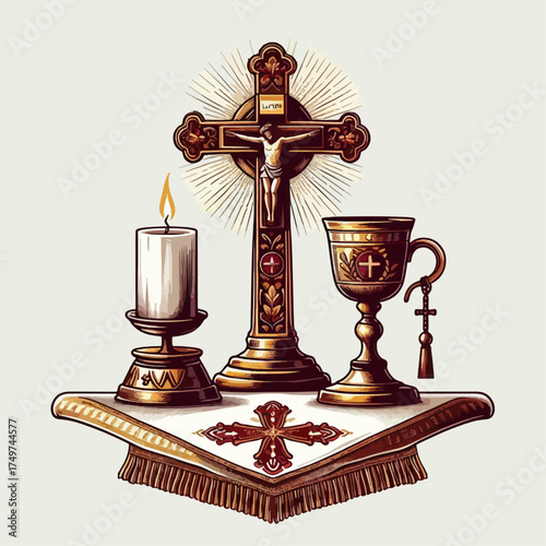 A religious altar setup featuring a crucifix, a lit candle, and a chalice on a draped cloth.