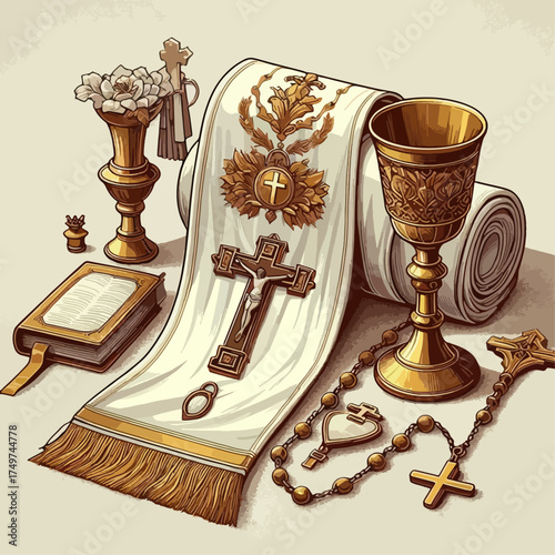 Catholic religious objects: chalice, rosary, bible, stole, crucifix, and vase with flowers.