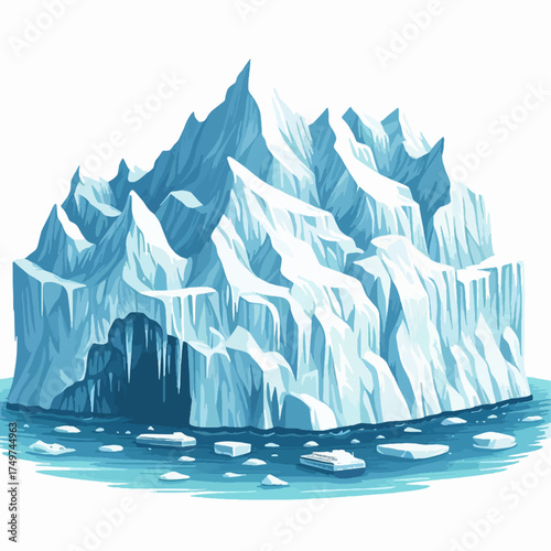 A majestic, towering iceberg with sharp peaks and icy formations, floating in the cold, blue ocean with smaller ice floes.