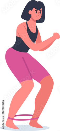 Woman exercising squatting with resistance band at home