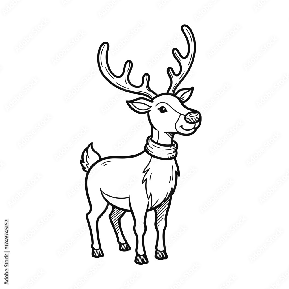 Obraz premium A charming illustration depicts a reindeer with large antlers and a scarf, perfect for Christmas cards and holiday-themed designs, in a simple, clean style.