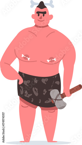 Caveman character holding stone axe standing cheerfully