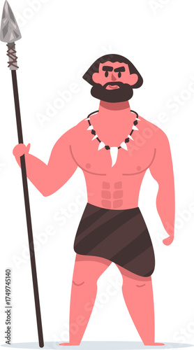 Prehistoric caveman hunter holding primitive spear weapon