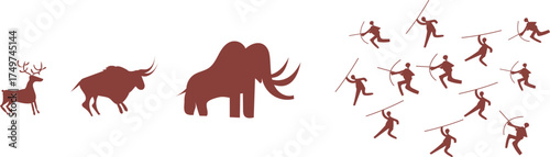Prehistoric cave painting showing humans hunting animals