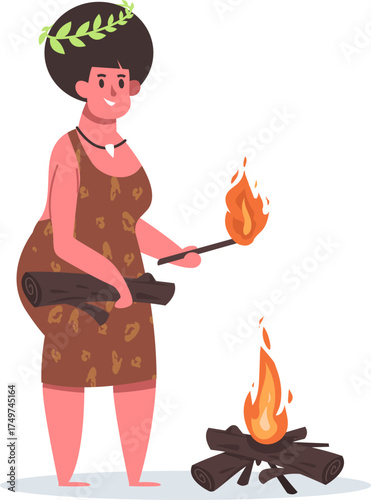 Cavewoman making fire holding torch and wood