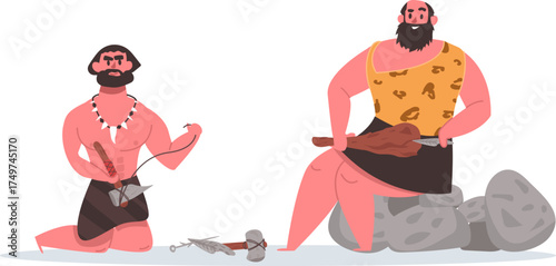 Prehistoric cavemen making stone tools and preparing food