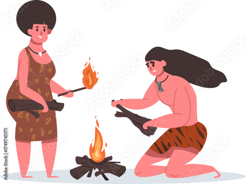 Prehistoric people making fire at prehistoric campfire