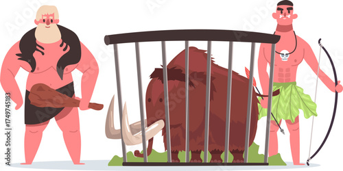 Cavemen capturing mammoth in cage using ancient weapons