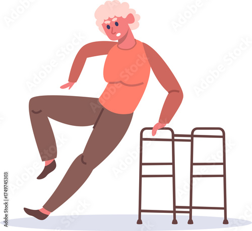 Elderly woman falling with walker having an accident