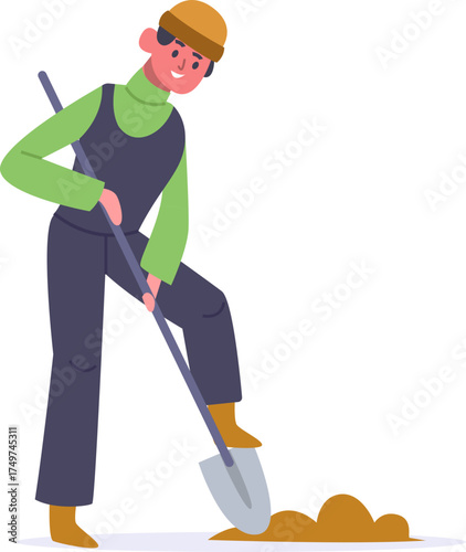 Man digging soil with shovel, gardening cartoon illustration