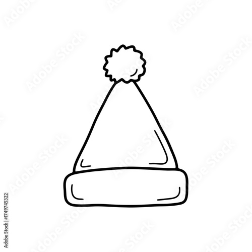 A simple black and white line drawing of a winter hat with a pom-pom, isolated on a white background.