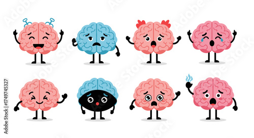 Cute cartoon brains displaying a wide range of emotions and expressions.