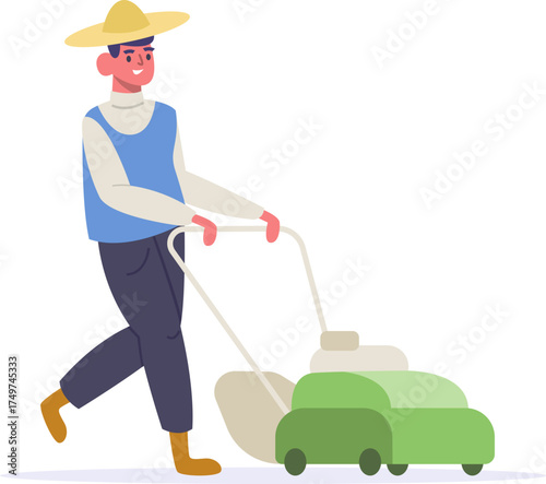 Man mowing lawn with push mower cartoon character