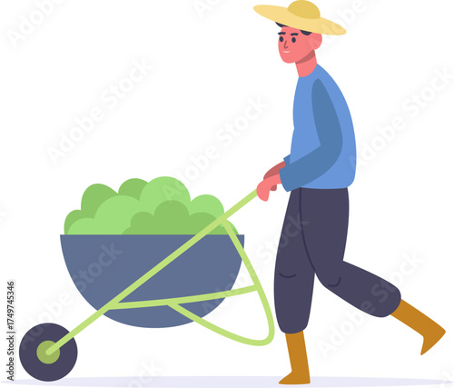 Farmer in straw hat pushing wheelbarrow of greens