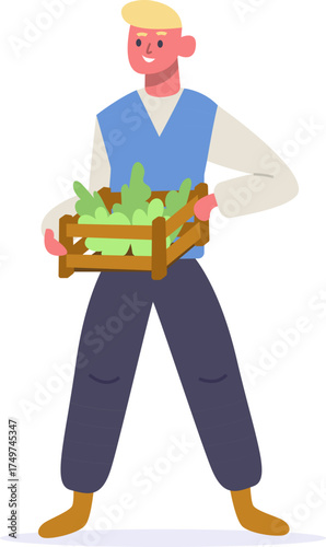 Smiling man holding fresh farm produce crate