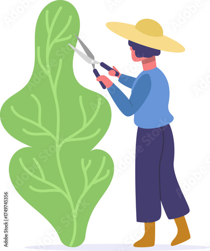 Woman gardener trimming hedge with shears illustration
