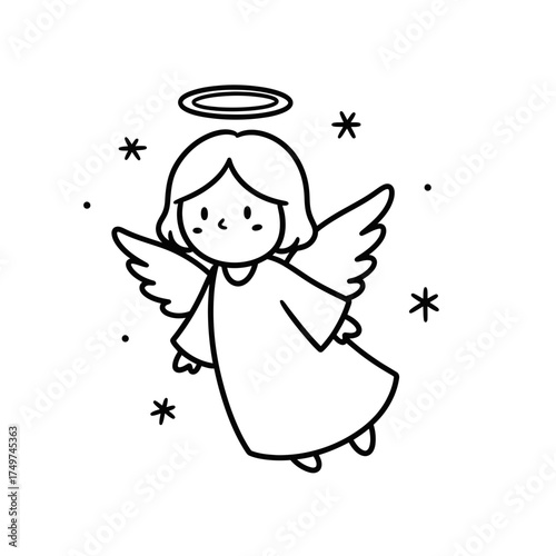 A cute and simple black and white line drawing of a cartoon angel with a halo and wings, surrounded by stars.
