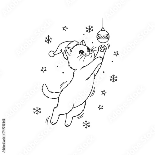 A playful kitten wearing a Santa hat reaches for a Christmas ornament while snowflakes fall.