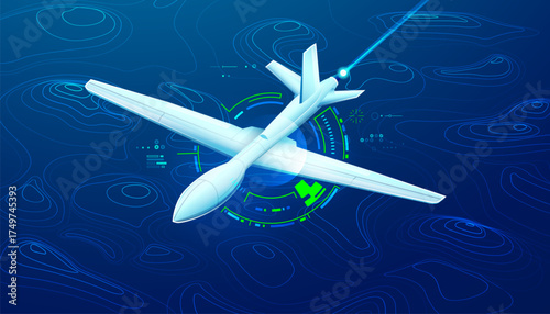 graphic of military drone with futuristic interface and terrain texture background
