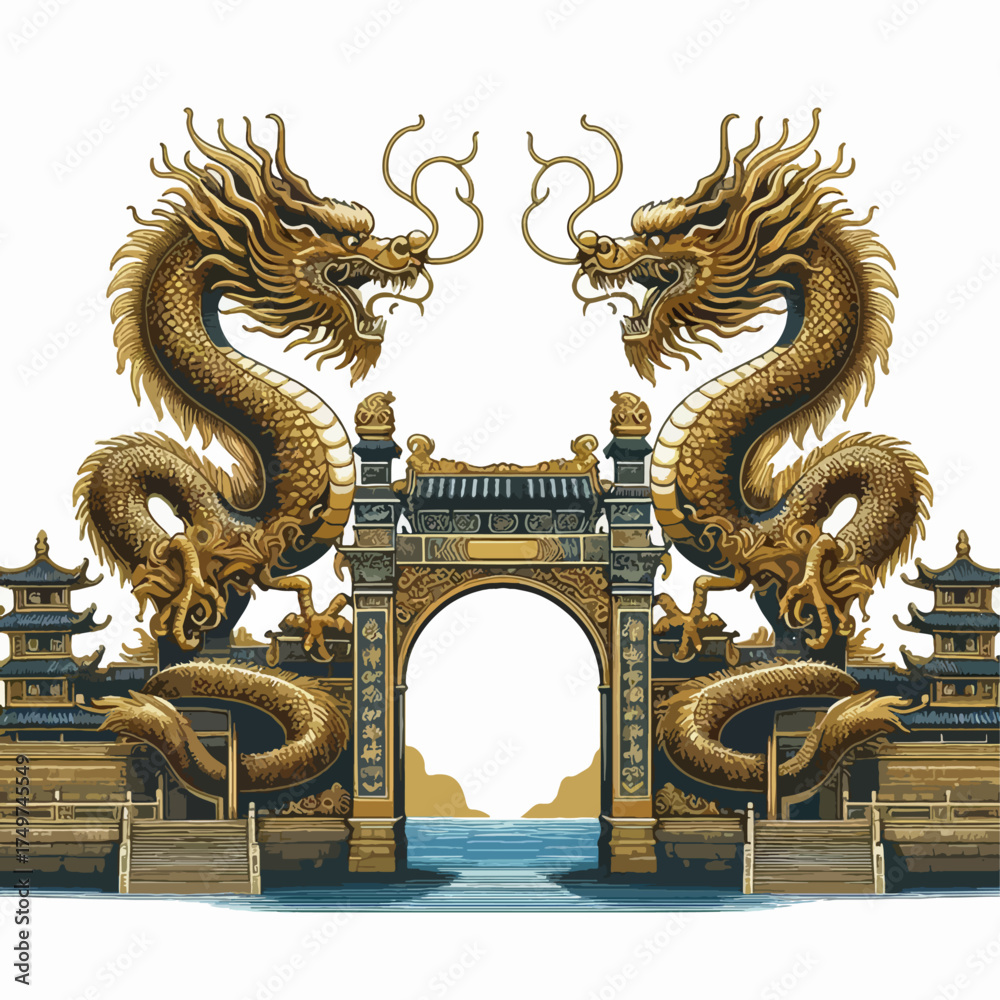 Obraz premium Two golden dragons flank an ornate archway, a symbol of power and prosperity.