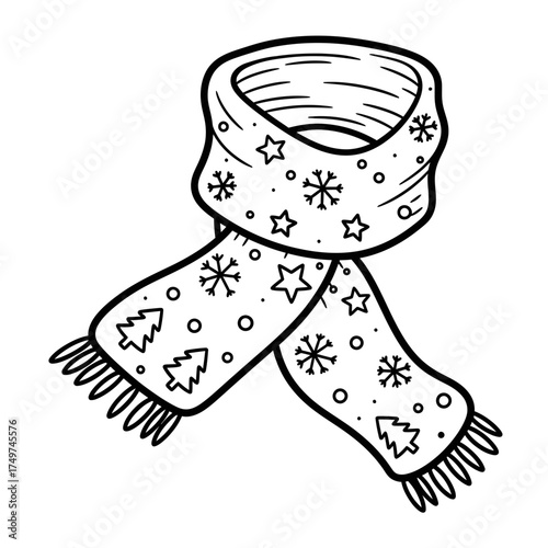 A cozy winter scarf with snowflake and star patterns, perfect for staying warm and stylish during the cold season, outlined in black.