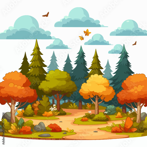A vibrant cartoon illustration of a picturesque forest path winding through trees with colorful autumn foliage under a cloudy sky.