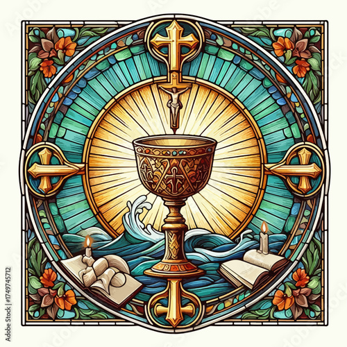 Stained glass illustration of the Holy Eucharist with a chalice, crucifix, and Bibles.