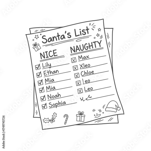 Santa's list with names in the nice and naughty categories.