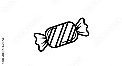 A simple black and white line drawing of a wrapped candy with diagonal stripes.