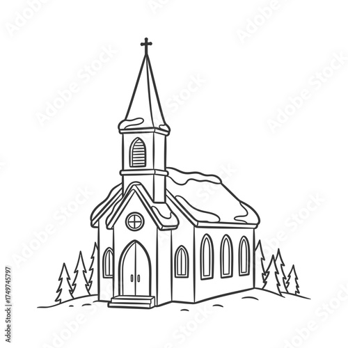 Line art of a church building with snow on the roof and steeple.