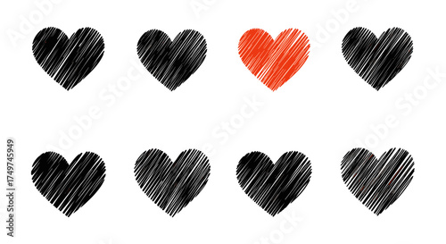 A collection of heart shapes with one red heart standing out from the black ones.