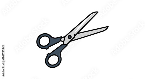 A simple illustration of a pair of open scissors with dark gray handles and silver blades on a white background.