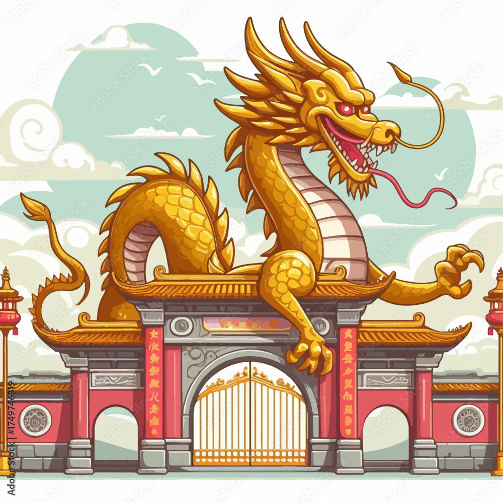 Fototapeta premium A majestic golden Chinese dragon perches atop a traditional red and gold temple gate under a cloudy sky.