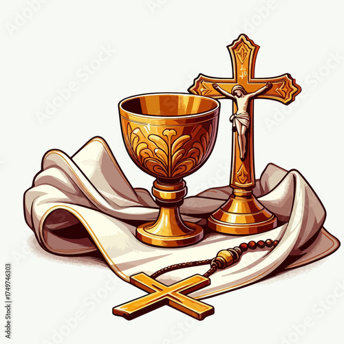Golden chalice, crucifix, rosary, and cross on white cloth, symbolizing faith and religion.