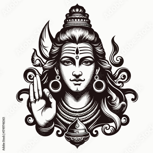 Detailed black and white illustration of Lord Shiva, a Hindu deity, with a third eye, crescent moon, and hand in Abhaya Mudra, depicting spiritual and divine essence.