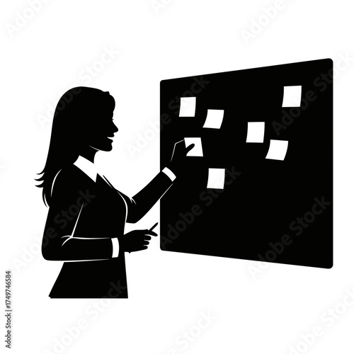 Dynamic silhouette of a professional woman actively organizing and prioritizing concepts on a sticky note board