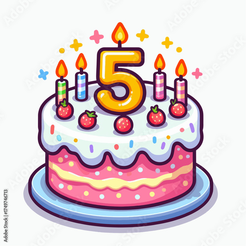 A vibrant cartoon illustration of a festive birthday cake adorned with five lit candles and fresh strawberries, celebrating a fifth birthday.