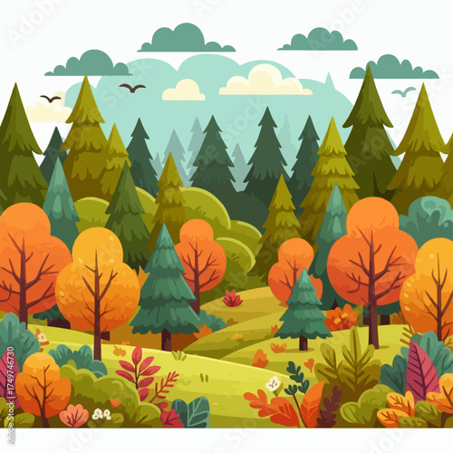 A vibrant, stylized illustration of a forest landscape during autumn, with rolling hills and colorful trees.