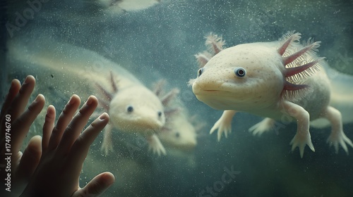 Axolotl amphibian salamander underwater pet exotic animal care mexican walking fish leucistic axolotl hands