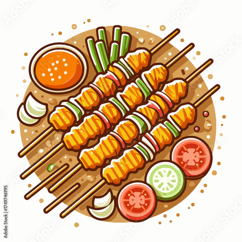Illustrative overhead view of grilled chicken skewers with vegetables, dipping sauce, and fresh garnishes.