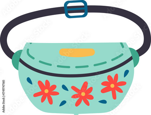 Teal fanny pack with floral pattern illustration