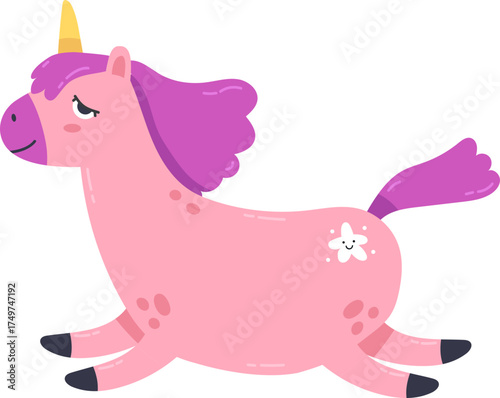 Pink unicorn running with a happy face illustration