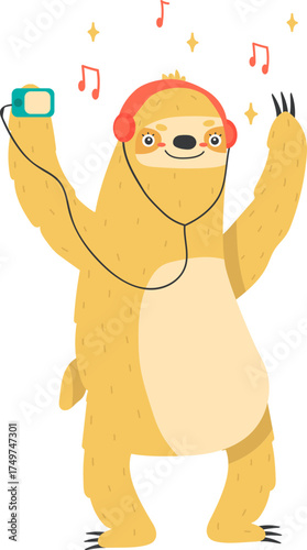 Sloth character listening to music and dancing happily
