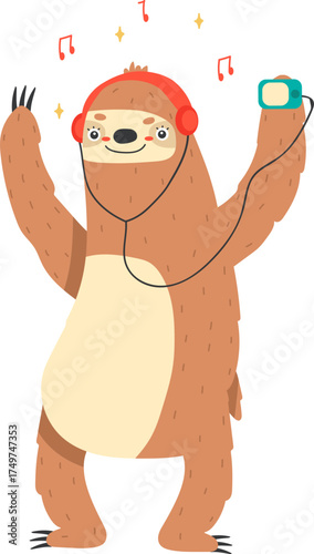 Sloth enjoying music, dancing with headphones and music player