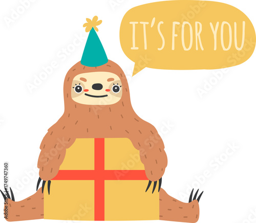 Sloth wearing party hat giving a gift box