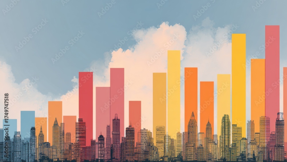Naklejka premium City skyline overlaid with colorful bar graphs, representing growth and data visualization