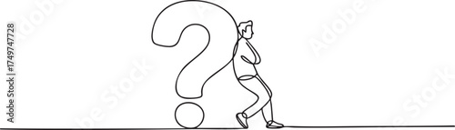 Continuous one line drawing of man in casual clothes leaning on a big question mark symbolizing thinking, problem solving, and National Day of Reason