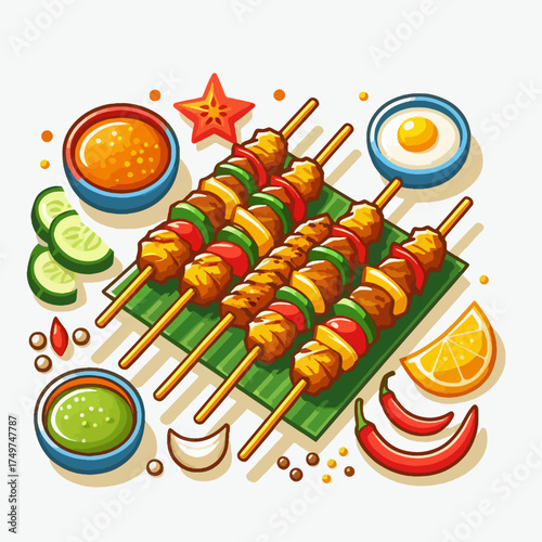 Colorful illustration of grilled chicken and vegetable skewers served with various dipping sauces and garnishes on a banana leaf.