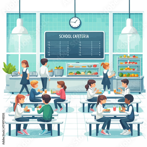 A vibrant illustration of a busy school cafeteria during lunchtime, with students eating and staff serving food.
